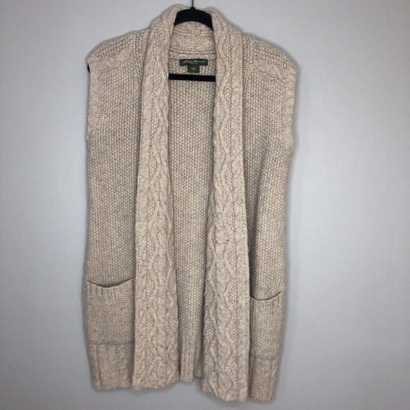 Eddie Bauer Women's Medium Beige Chunky Knit Sleeveless Cardigan Sweater - Picture 1 of 4